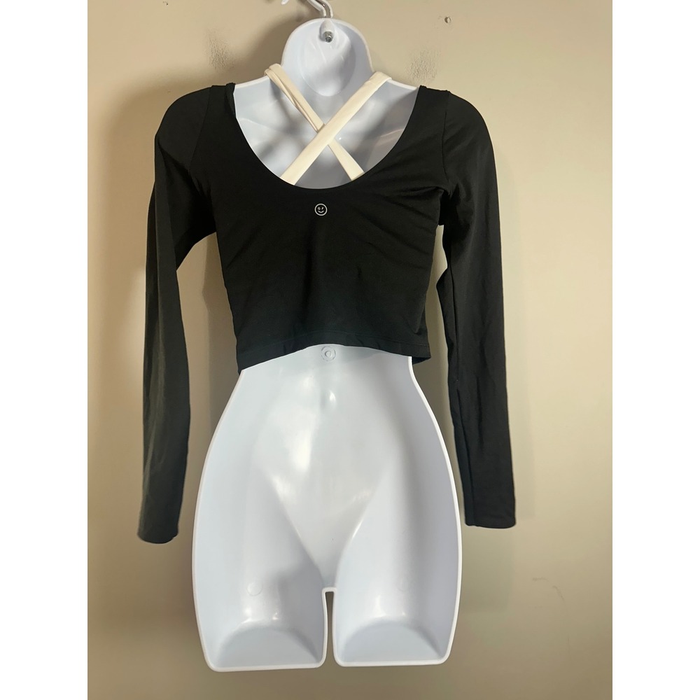 Gilly Hicks Active Boost Long Sleeve Crop Top Black White Cross Back Small - Picture 4 of 5